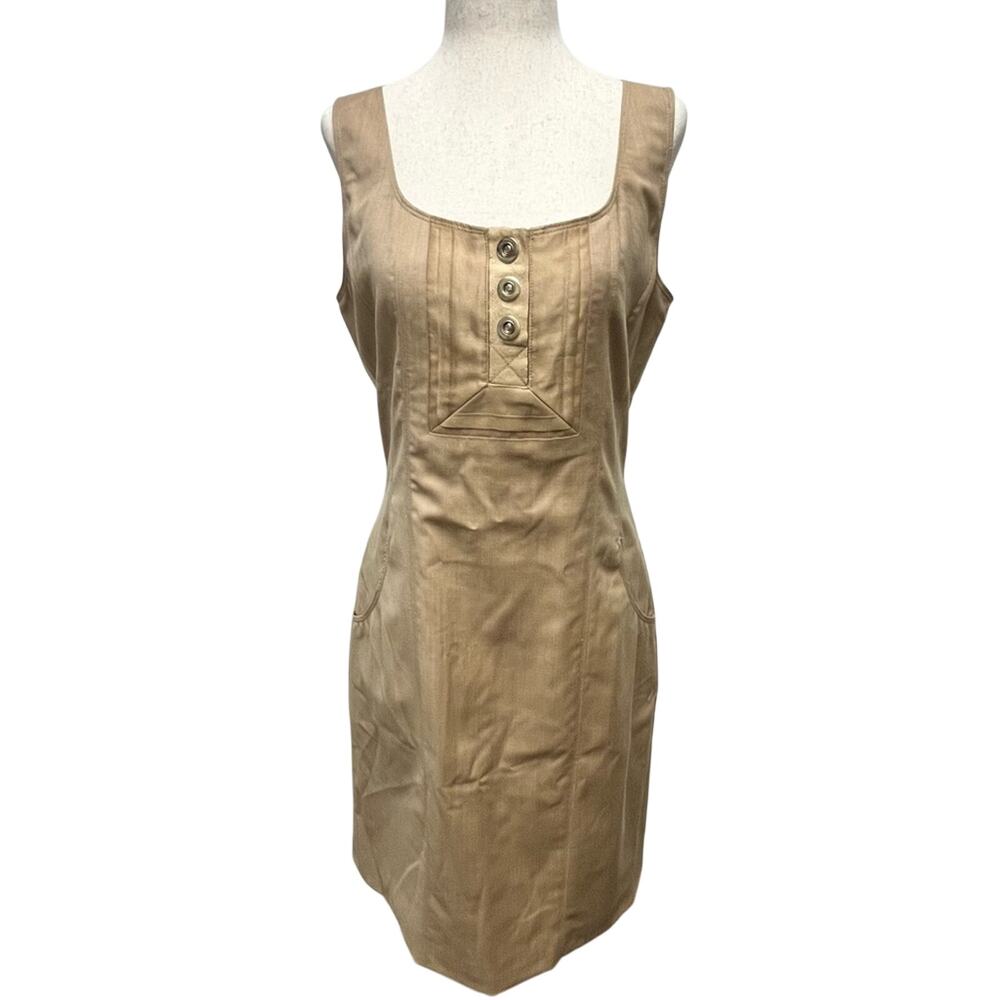 Badgley Mischka Wool Midi Dress Beige Sleeveless Pockets Academia Women's 6